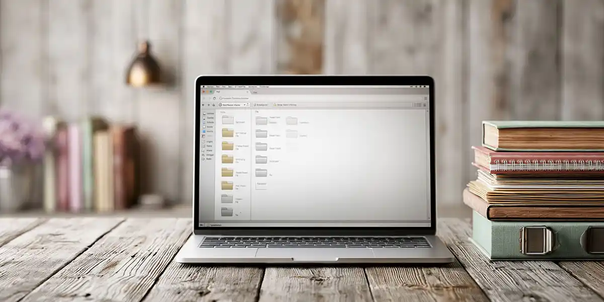 Laptop med ordning på filer och mappar.